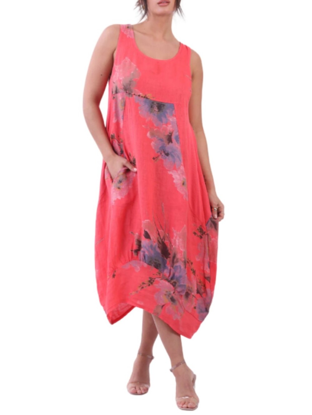 Gigi Moda Luna Linen Dress Size Large Floral Bubble Hem Lagenlook Minimalist